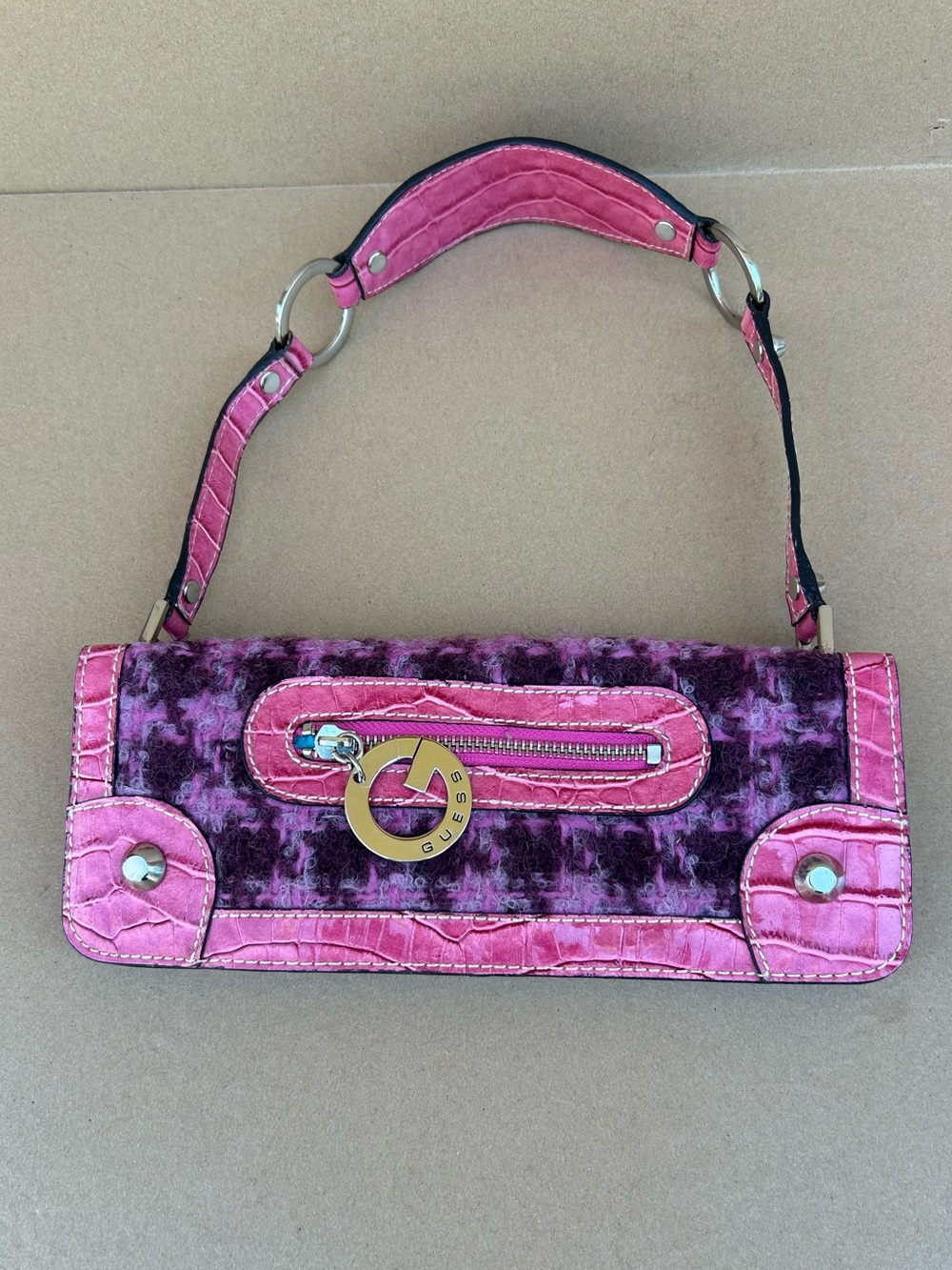 Vintage Guess Y2K Baguette Purse Pink Purple Croc Houndstooth Faux Fur G